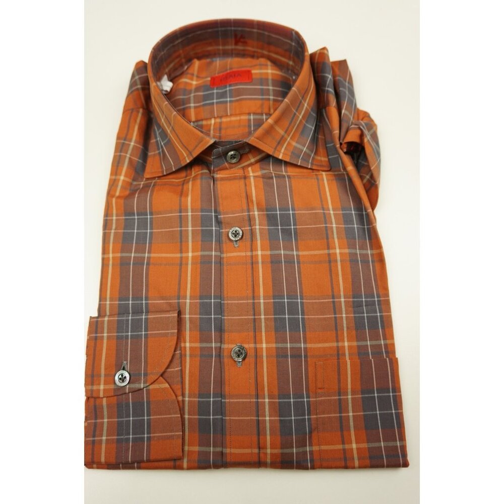 Isaia Pumpkin Aegean Blue Plaid Long Sleeve Cotton Dress Shirt 15.5/39 NEW